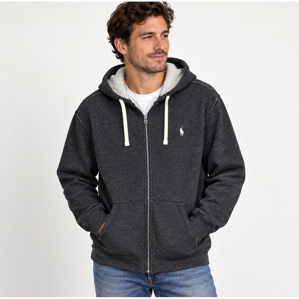 Polo Ralph Lauren Mens Full Zip Hoodie Sweatshirt XL Fleece Lined Pony Logo Grey